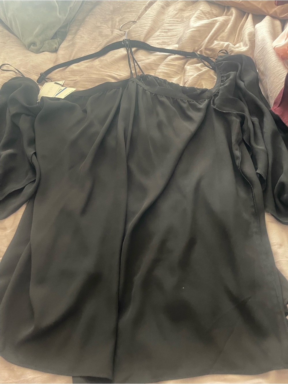 1. State Black Off-Shoulder Chiffon Blouse with Strap Detail